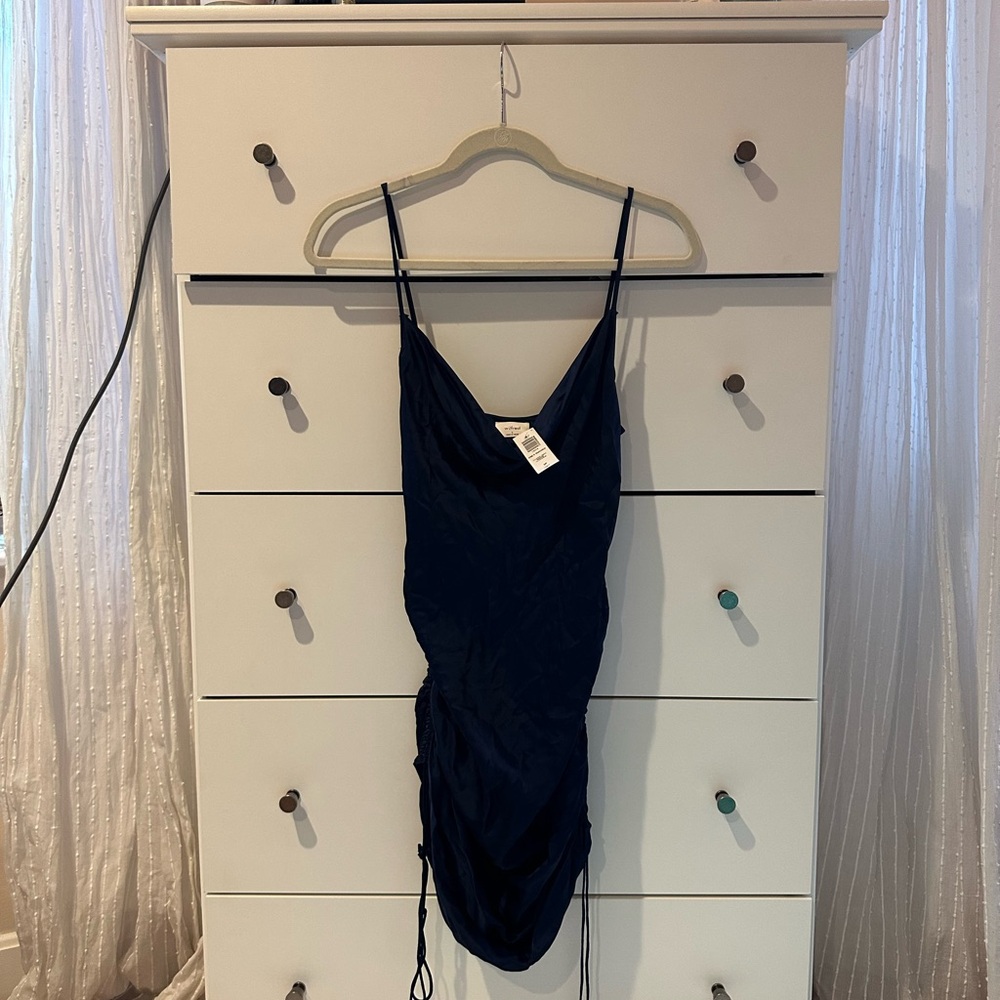 Aritzia navy silk ruched dress